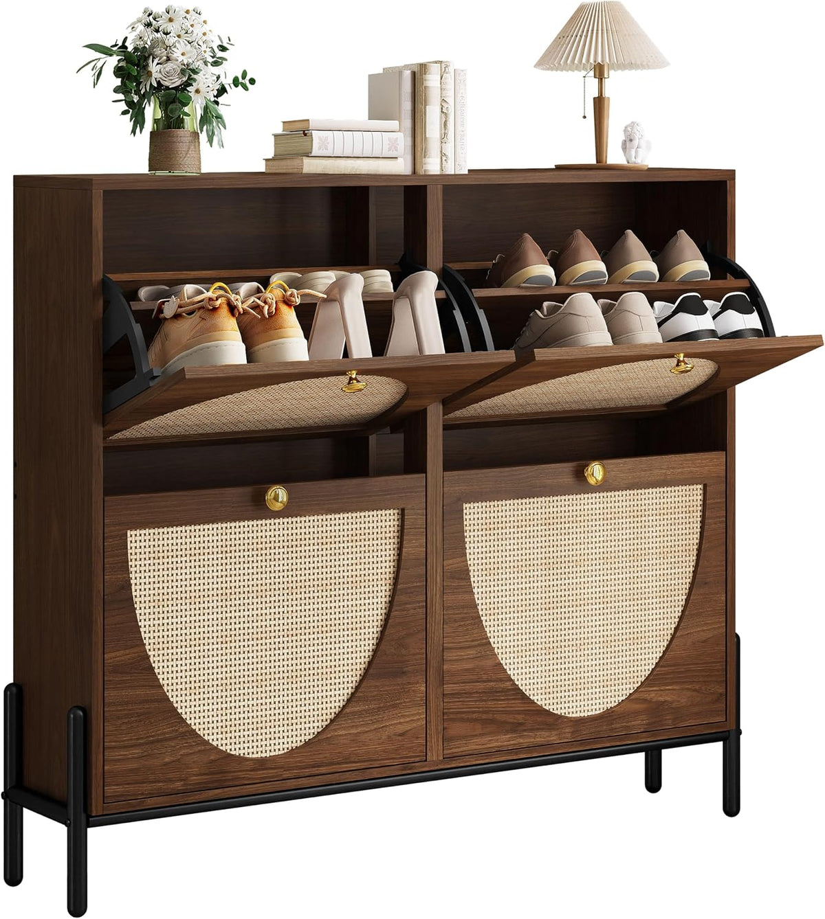 IRONCK Rattan Shoe Cabinet Storage with 4 Flip Drawers