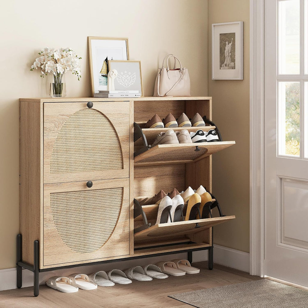 IRONCK Rattan Shoe Cabinet Storage with 4 Flip Drawers