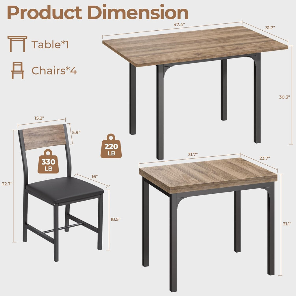 IRONCK Dining Table Set for 4, Extendable Kitchen Table Chairs Set of 4