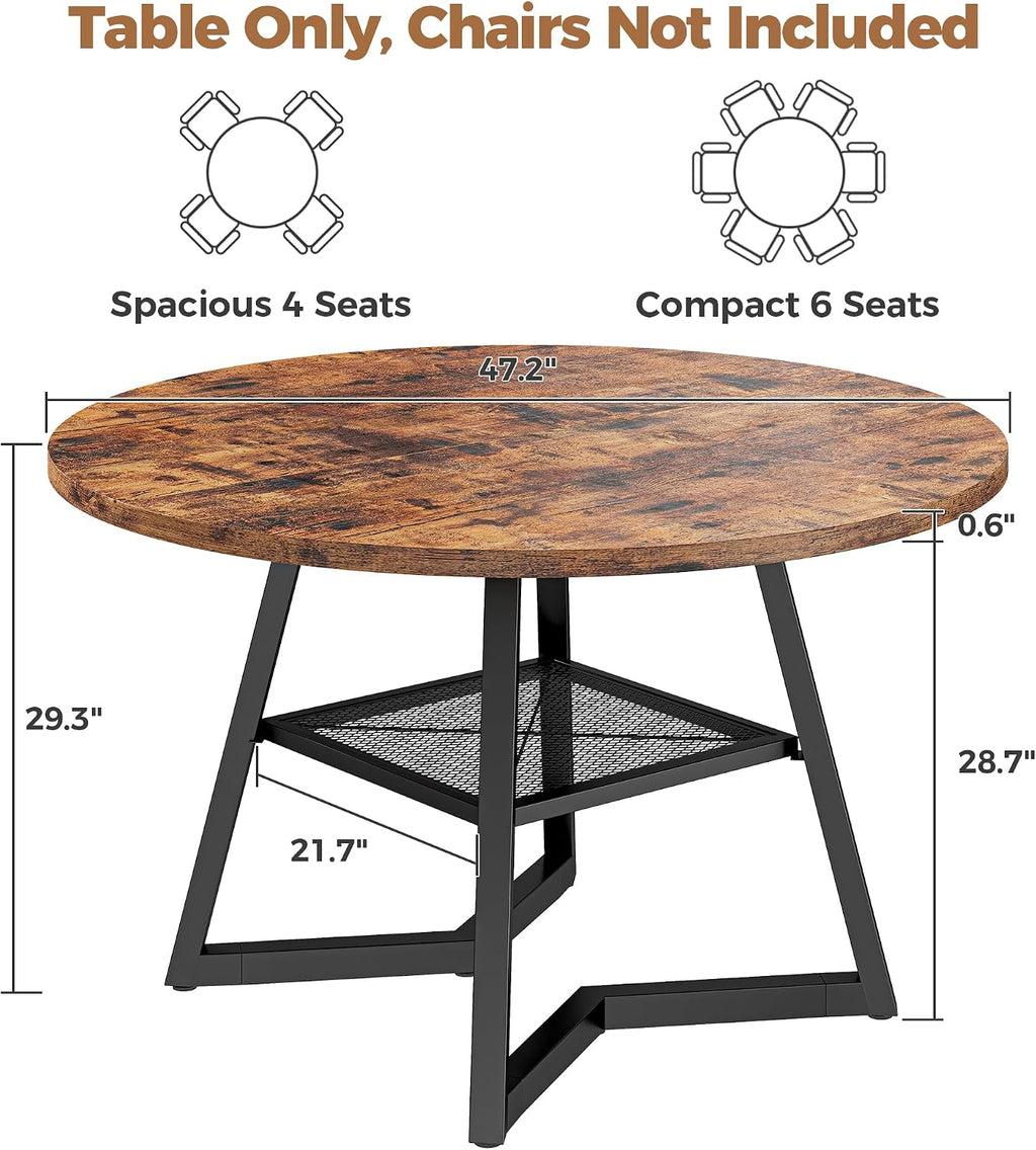 IRONCK Round Dining Table for 4, Kitchen Table with Large Storage Shelf