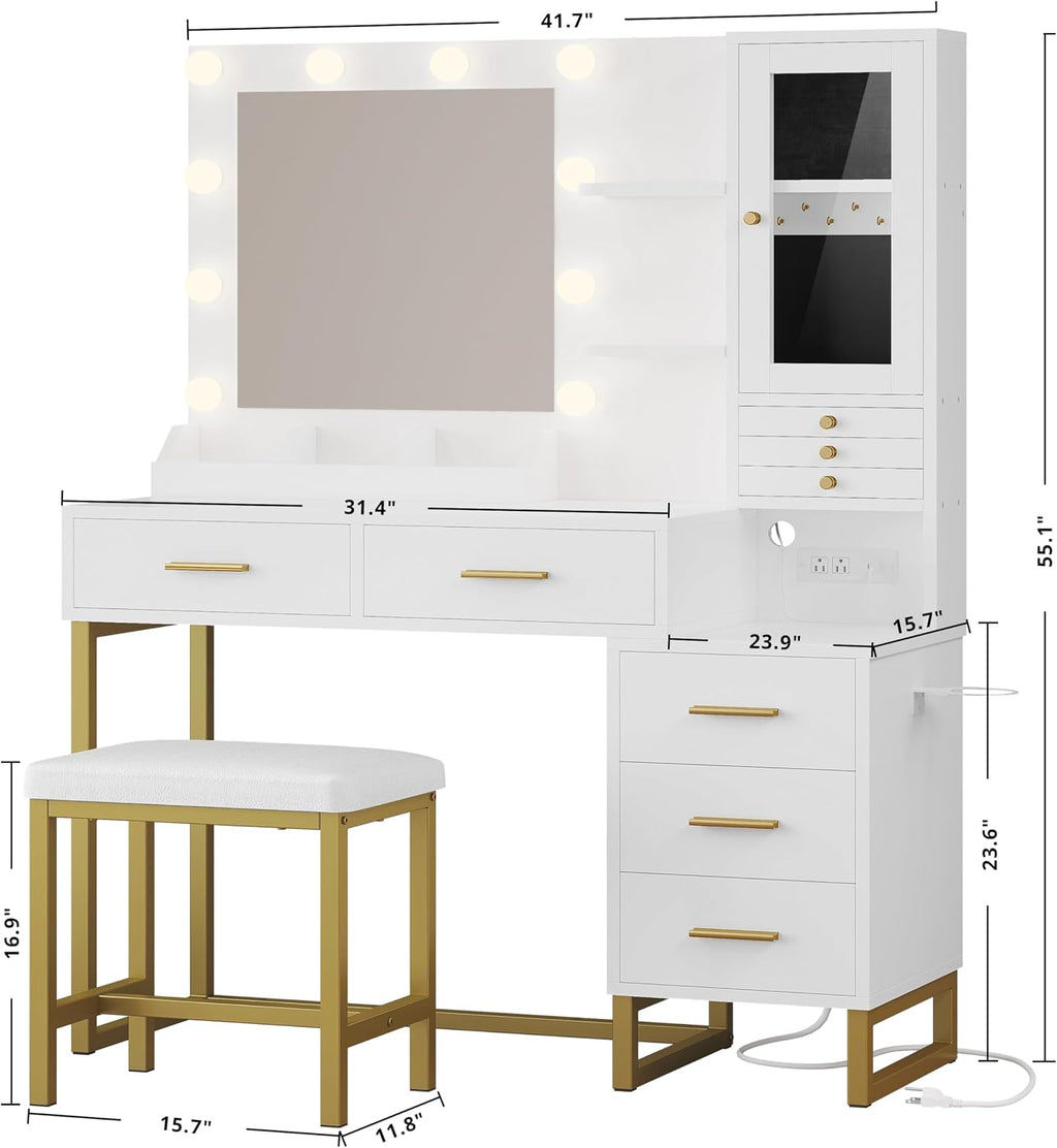 IRONCK Vanity Desk with Mirror and Lights, Jewelry Storage, White & Gold