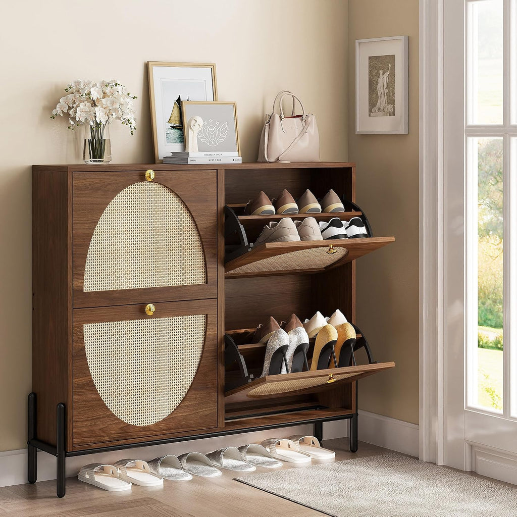 IRONCK Rattan Shoe Cabinet Storage with 4 Flip Drawers
