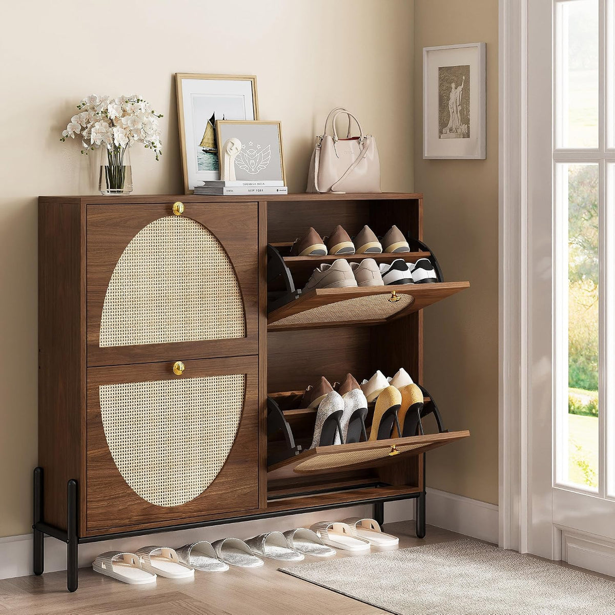 IRONCK Rattan Shoe Cabinet Storage with 4 Flip Drawers
