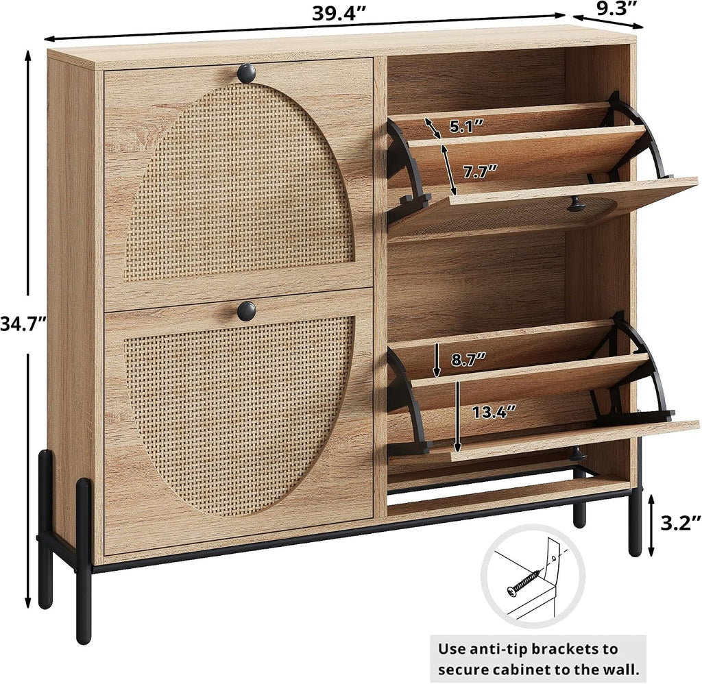 IRONCK Rattan Shoe Cabinet Storage with 4 Flip Drawers