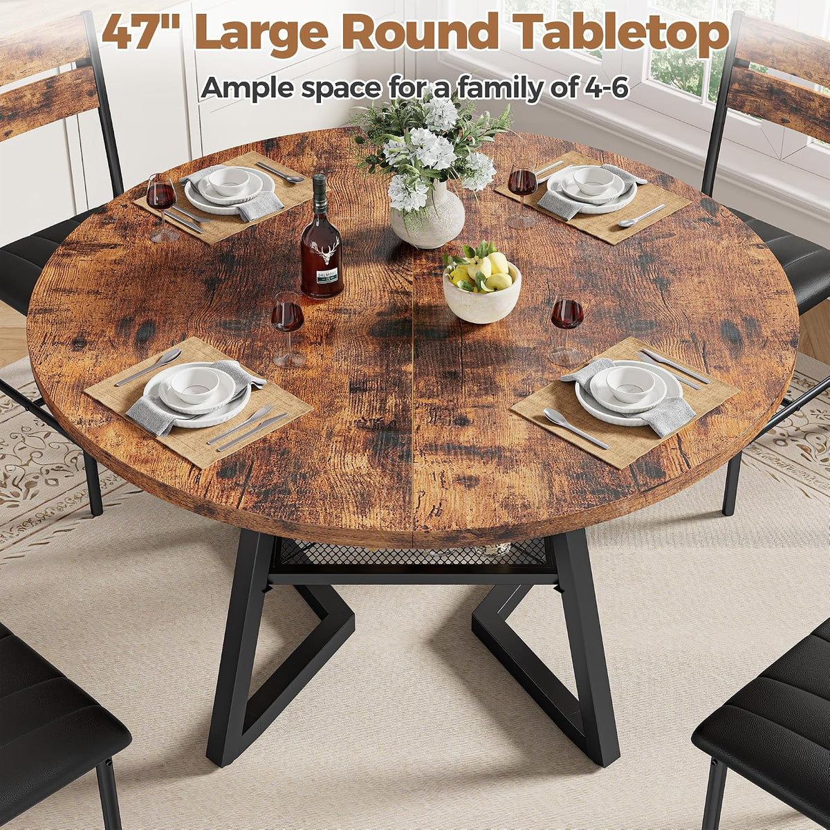 IRONCK Round Dining Table for 4, Kitchen Table with Large Storage Shelf