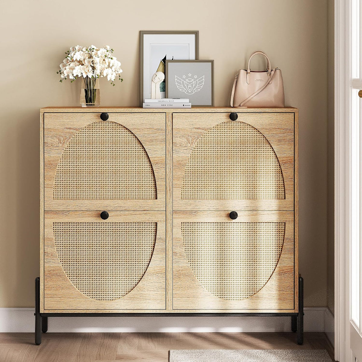 IRONCK Rattan Shoe Cabinet Storage with 4 Flip Drawers