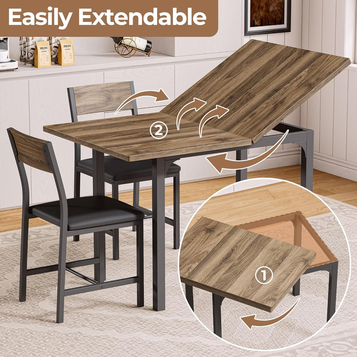 IRONCK Dining Table Set for 4, Extendable Kitchen Table Chairs Set of 4