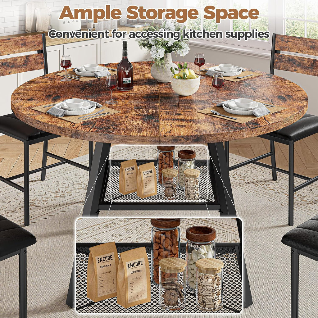 IRONCK Round Dining Table for 4, Kitchen Table with Large Storage Shelf