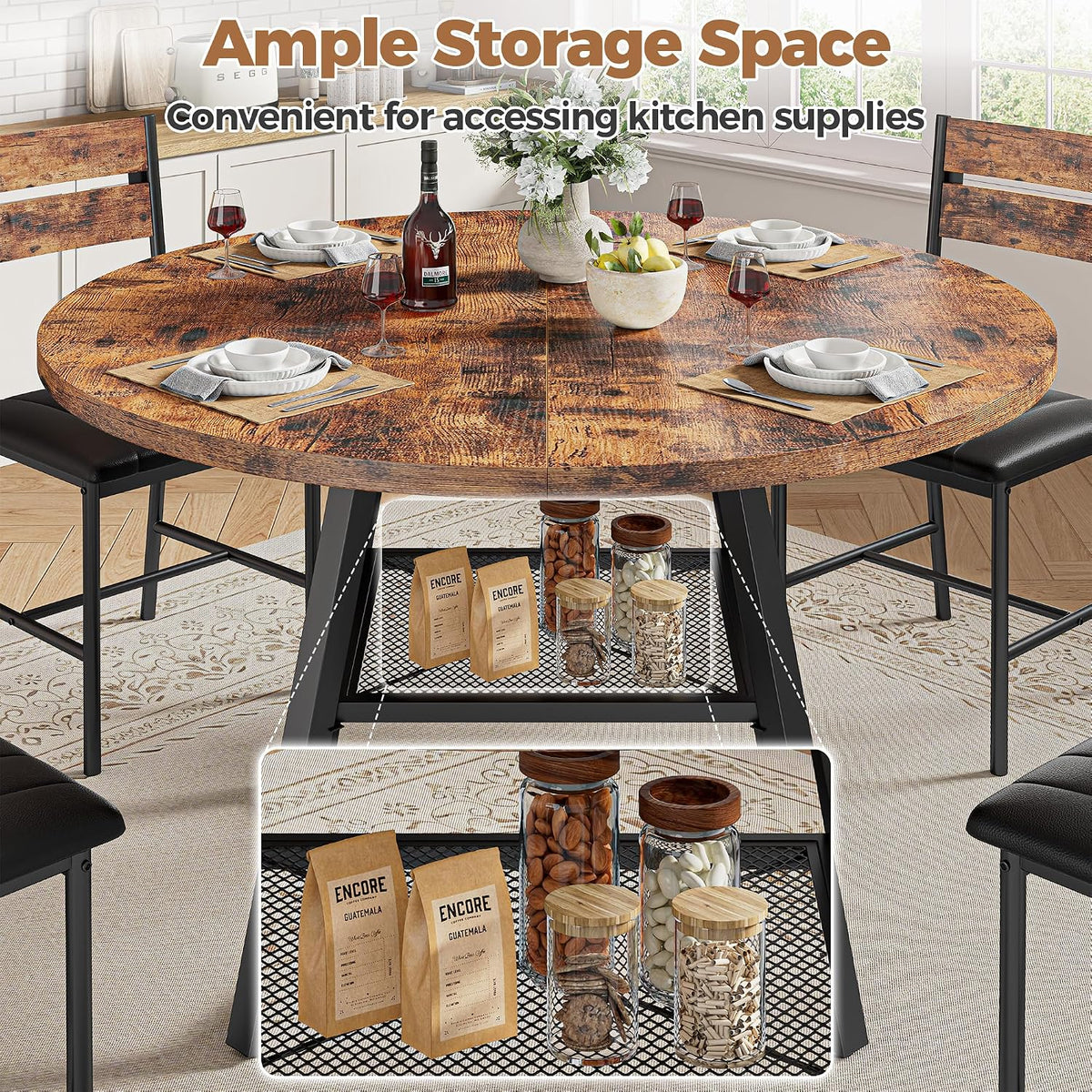 IRONCK Round Dining Table for 4, Kitchen Table with Large Storage Shelf