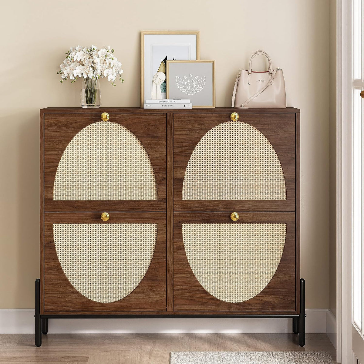 IRONCK Rattan Shoe Cabinet Storage with 4 Flip Drawers