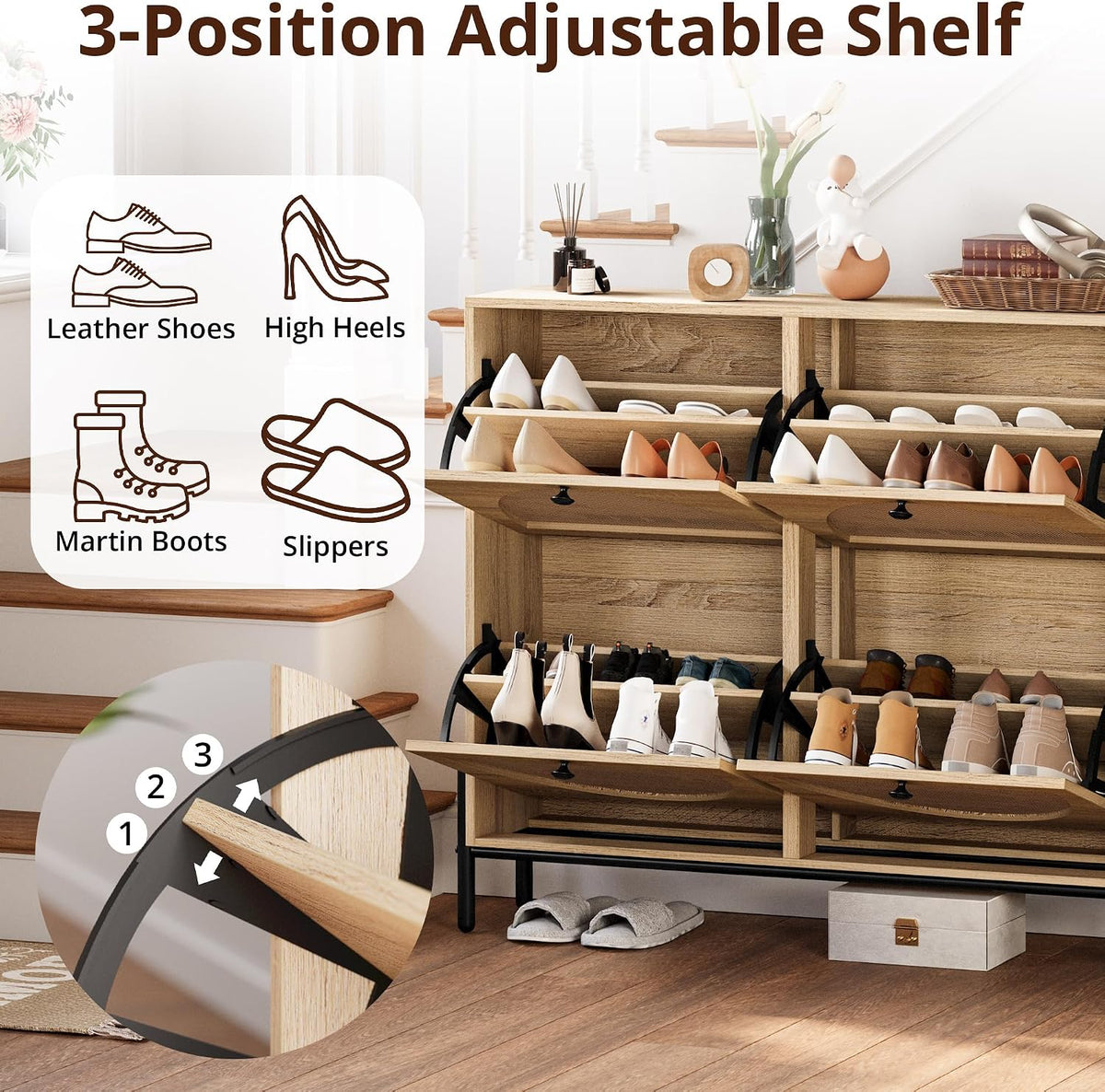 IRONCK Rattan Shoe Cabinet Storage with 4 Flip Drawers