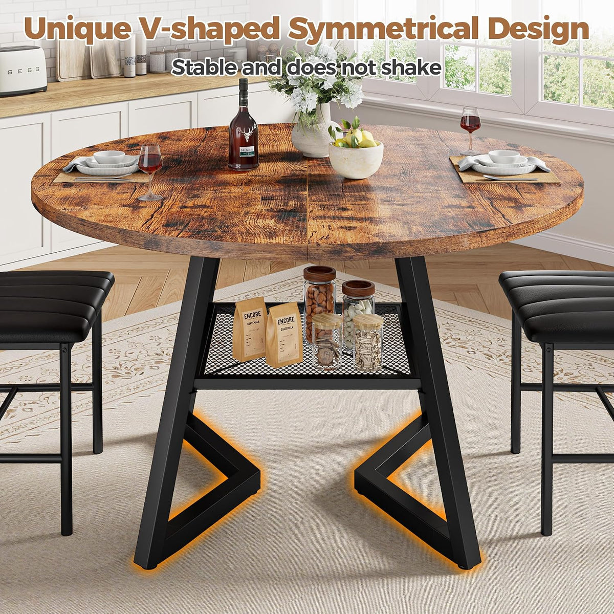 IRONCK Round Dining Table for 4, Kitchen Table with Large Storage Shelf
