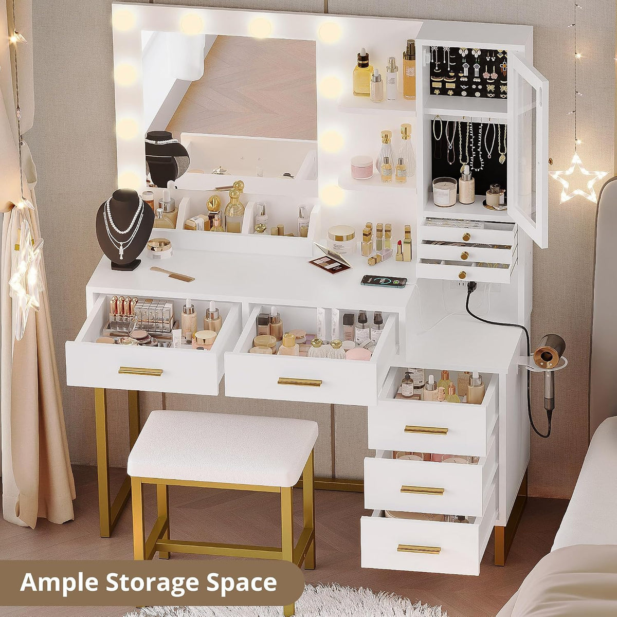IRONCK Vanity Desk with Mirror and Lights, Jewelry Storage, White & Gold