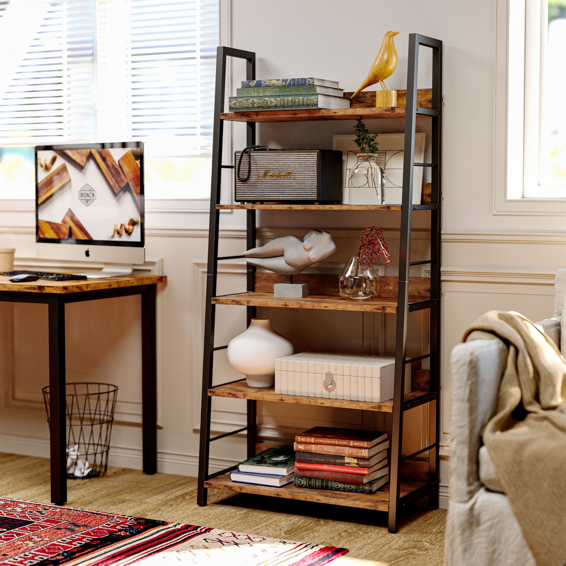 VASAGLE Ladder Shelf, 4-Tier Bookshelf, Storage Rack, Bookcase with Steel  Frame, for Living Room, Home Office, Kitchen, Bedroom, Industrial Style