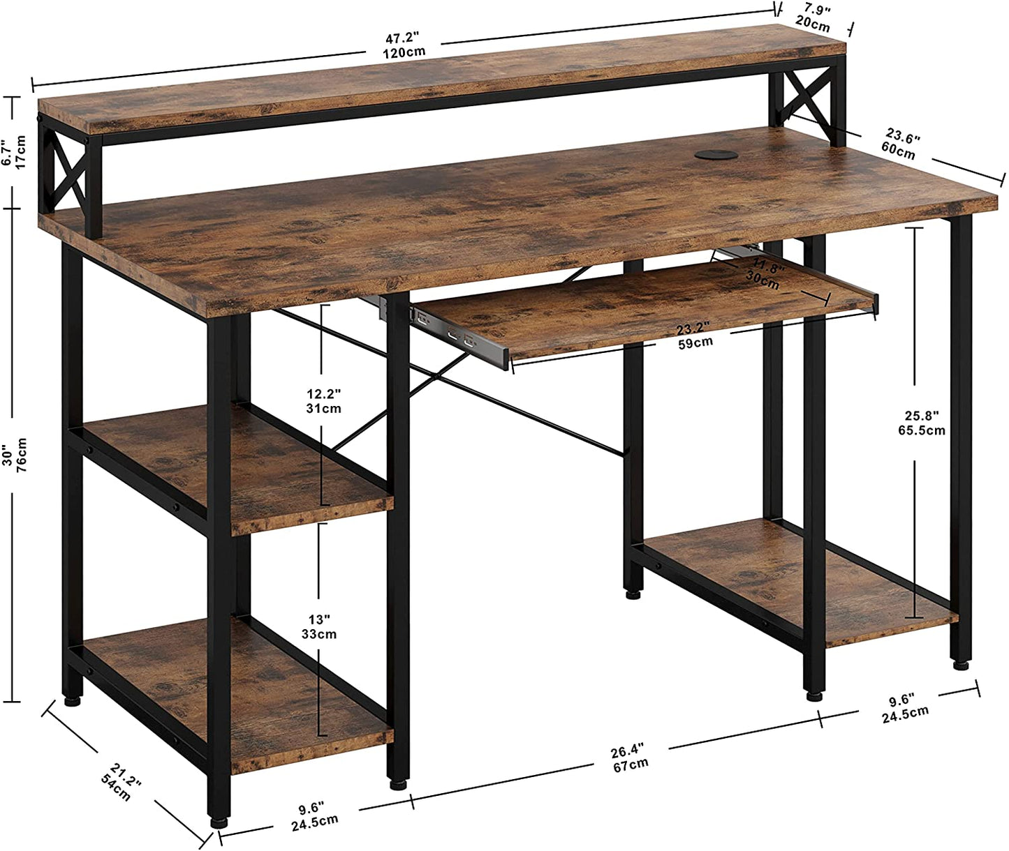 Computer Desk with Monitor Shelf- Industrial Brown