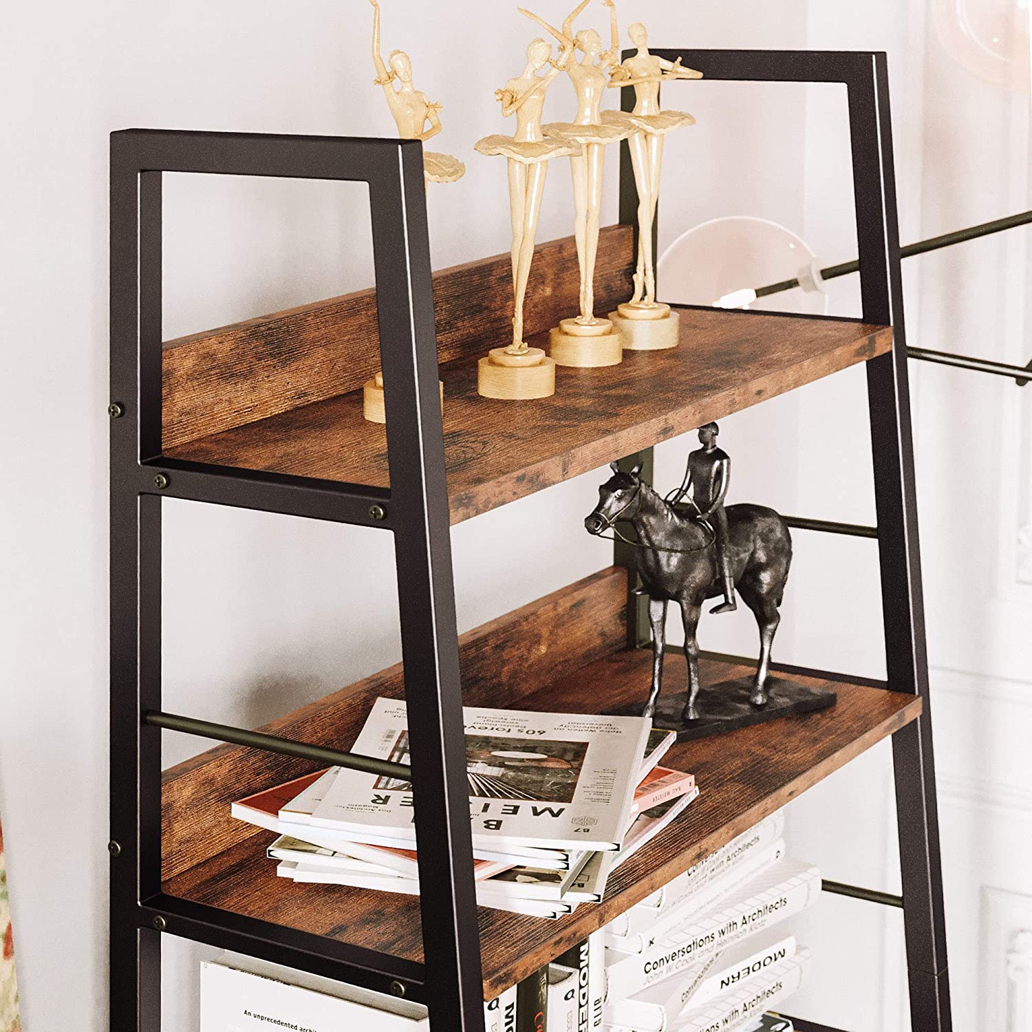 Ktaxon 4 Tier Metal Leaning Ladder Shelf Bookcase Bookshelf Storage Shelves  Unit Black