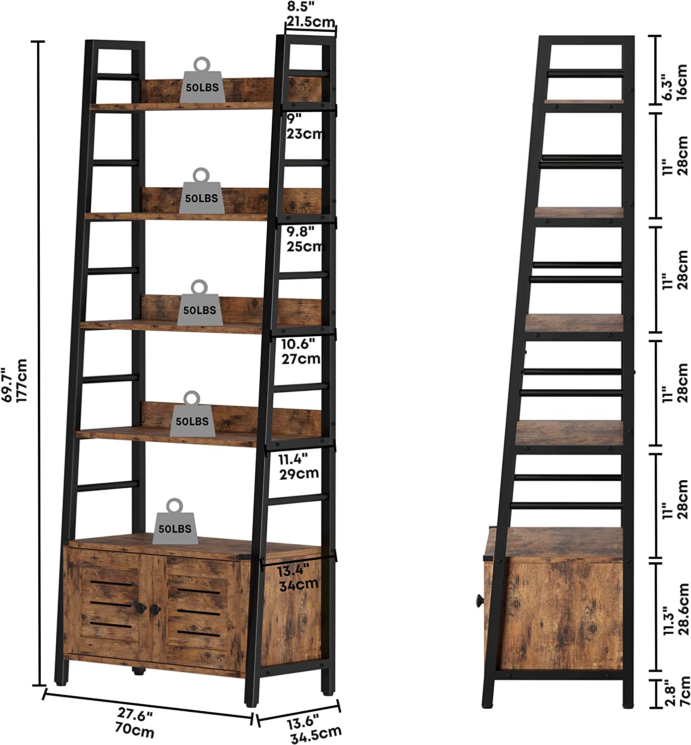 5-Tier Ladder Shelf with Cabinet Rustic Brown