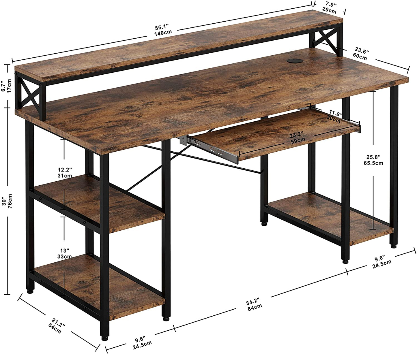 Computer Desk with Monitor Shelf- Industrial Brown