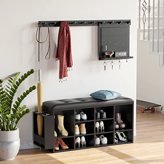 Entryway Storage Shoe Bench with Leather Cushion, 10 Cubbies Shoe