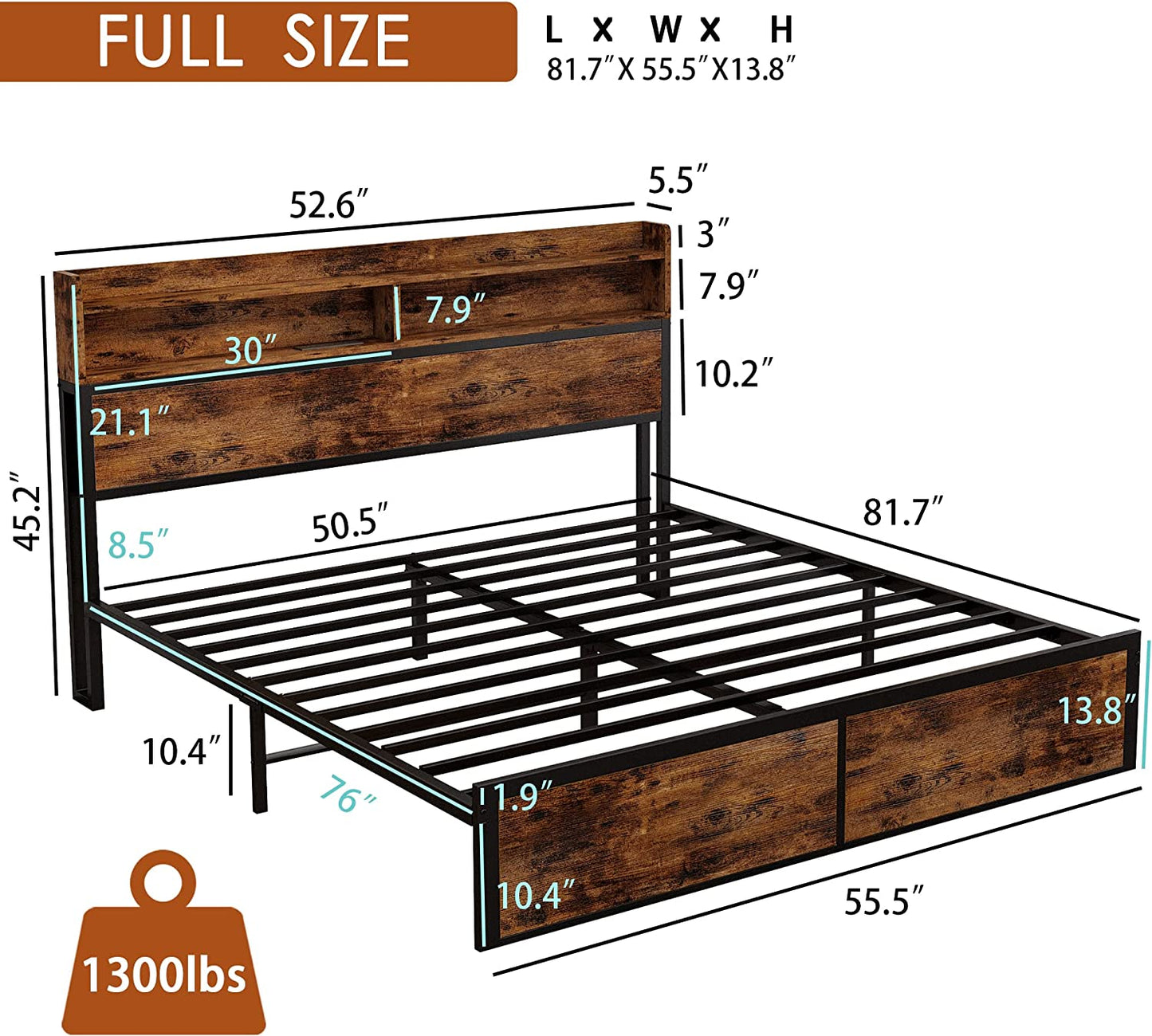 Full Bed Frame with Bookcase Headboard