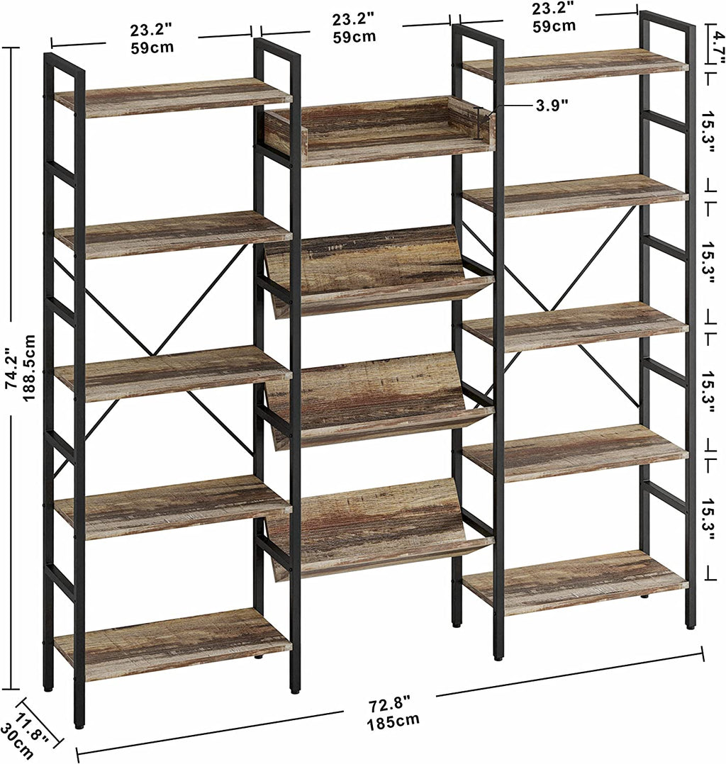 Large 5 Tiers Bookcases and Bookshelves Wall Unit Industrial Brown
