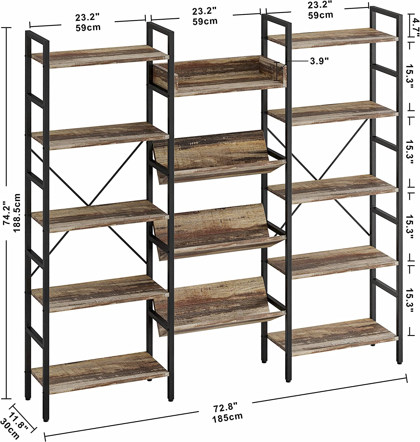 Large 5 Tiers Bookcases and Bookshelves Wall Unit Industrial Brown