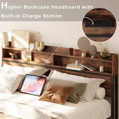 Full Bed Frame with Bookcase Headboard