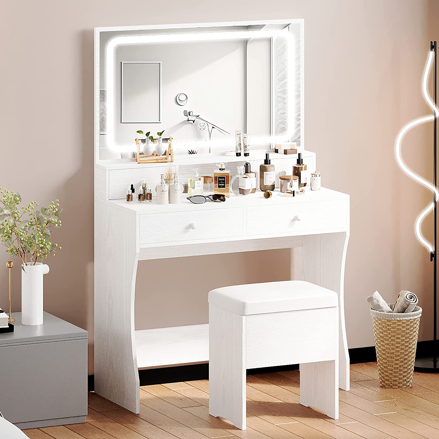Makeup Vanity Desk with Mirror and Lights, White Vanity Table Set with  Charging Station, LED Cabinet, 5 Drawers & Side Storage Bag, 3 Lighting  Modes