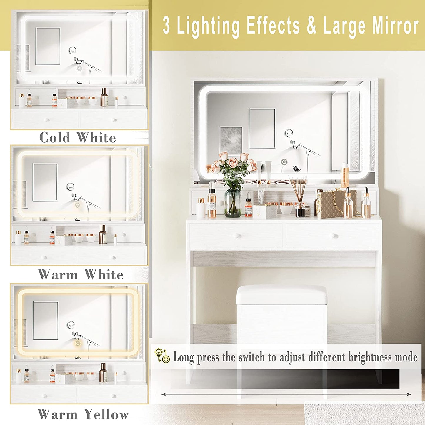 LED Lighted Mirror Makeup Desk Set- White