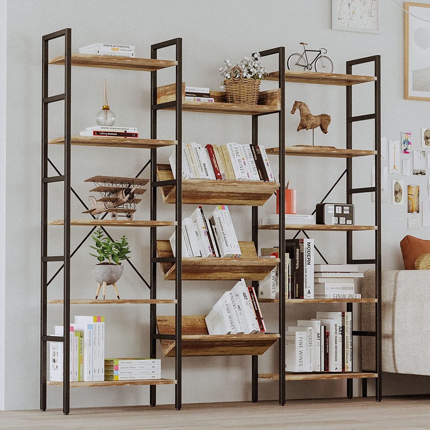Large 5 Tiers Bookcases and Bookshelves Wall Unit Industrial Brown