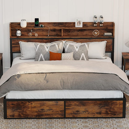 Full Bed Frame with Bookcase Headboard