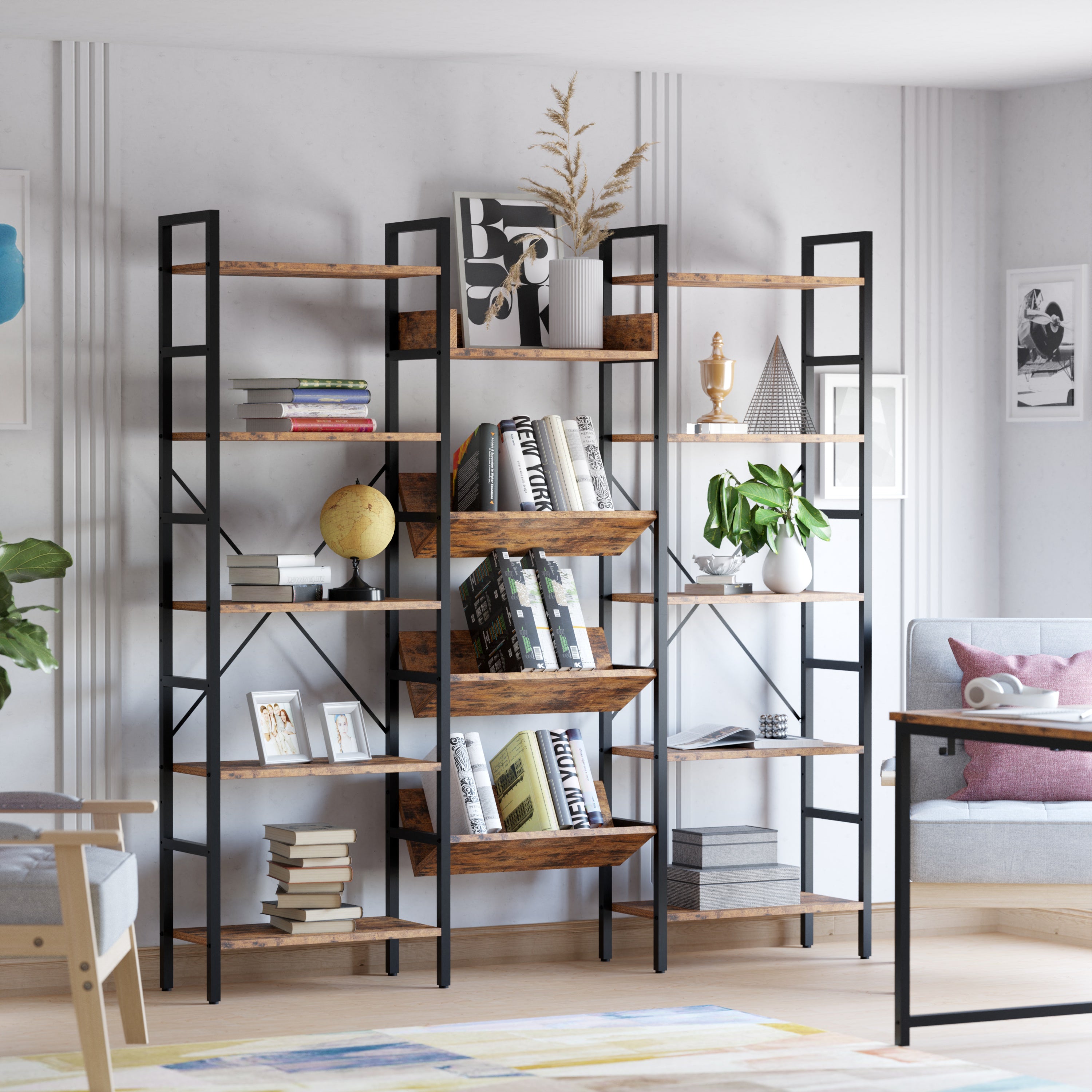 Triple Wide 5 Tiers Stylish Bookshelf