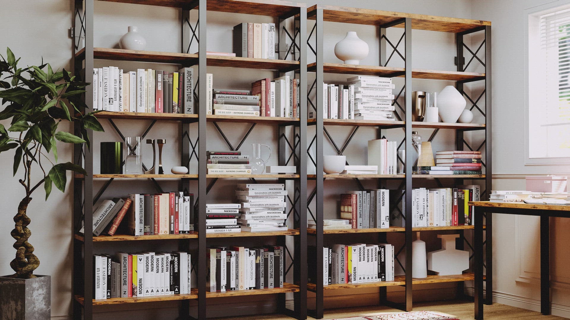 【HOT】76'' Double Wide Bookshelf Vintage Brown